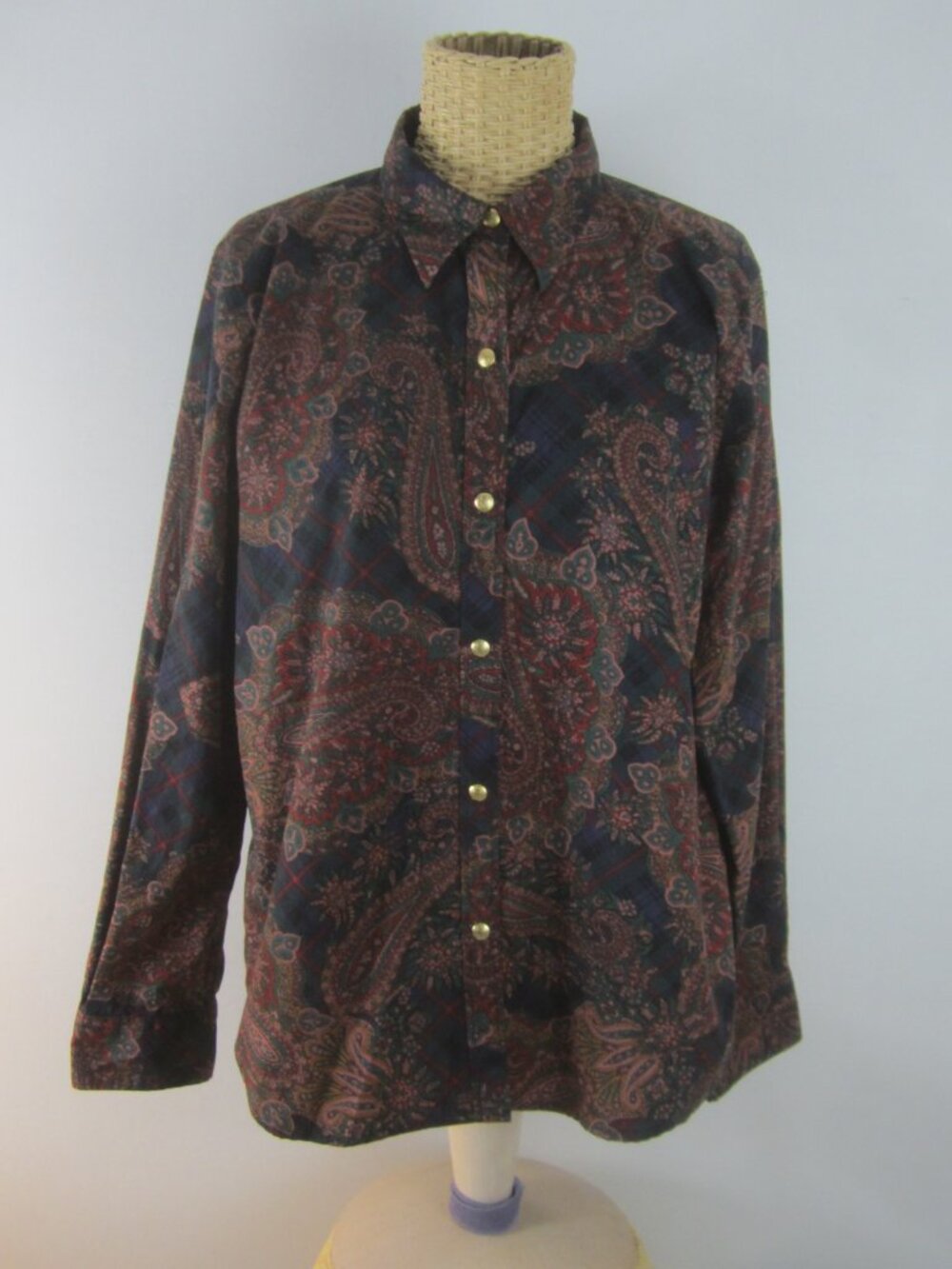 Vtg Chaps Women PXL Petite XL Purple Navy Paisley Tartan Plaid Cotton Shirt